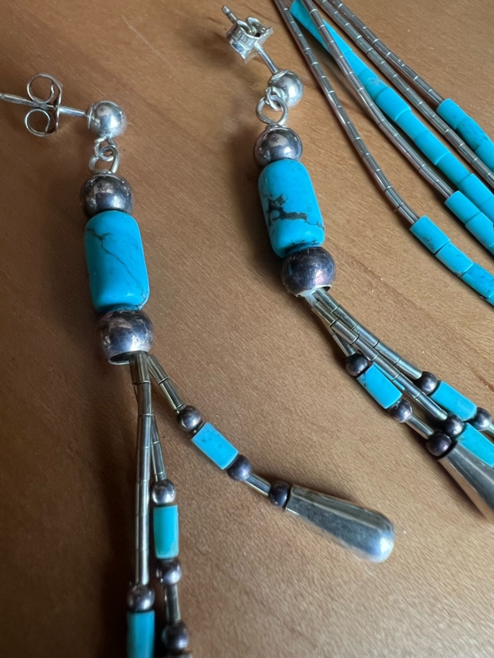 Turquoise Bead Dangle Earrings and necklace set- Blue Stone and Silver Accents